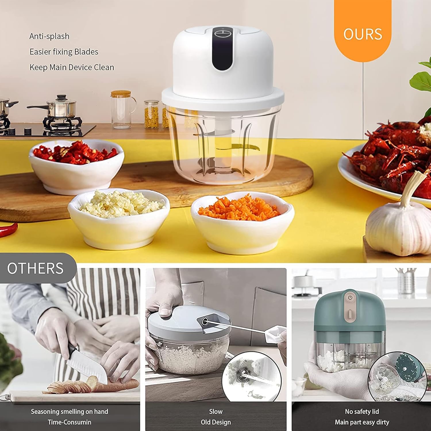 Mini trituradora de ajo eléctrica blanca de 3 tazas, trituradora eléctrica portátil recargable por USB, procesador de cocina pequeño inalámbrico