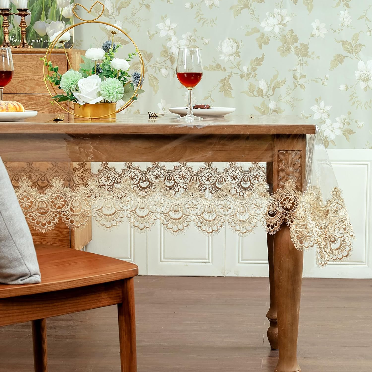 OOKSEN Mantel de encaje, mantel de plástico transparente, impermeable, rectangular, protector oblongo, para cocina, comedor, decoración de Navidad