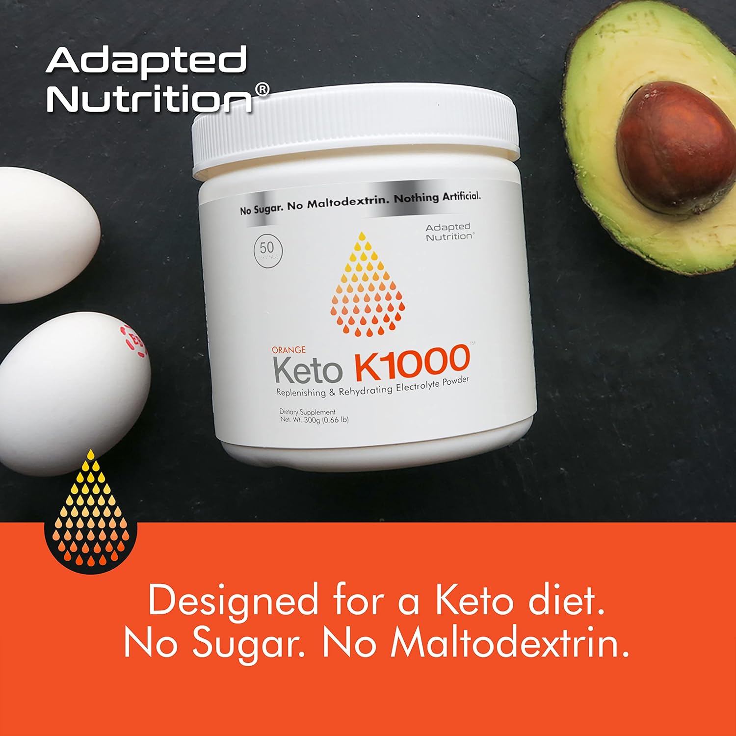 Keto K1000 – Polvo de electrolitos  Mezcla de bebida de suplemento de hidratación  50 porciones  Sandía, sabor a stevia más ligero  Naranja, sabor a