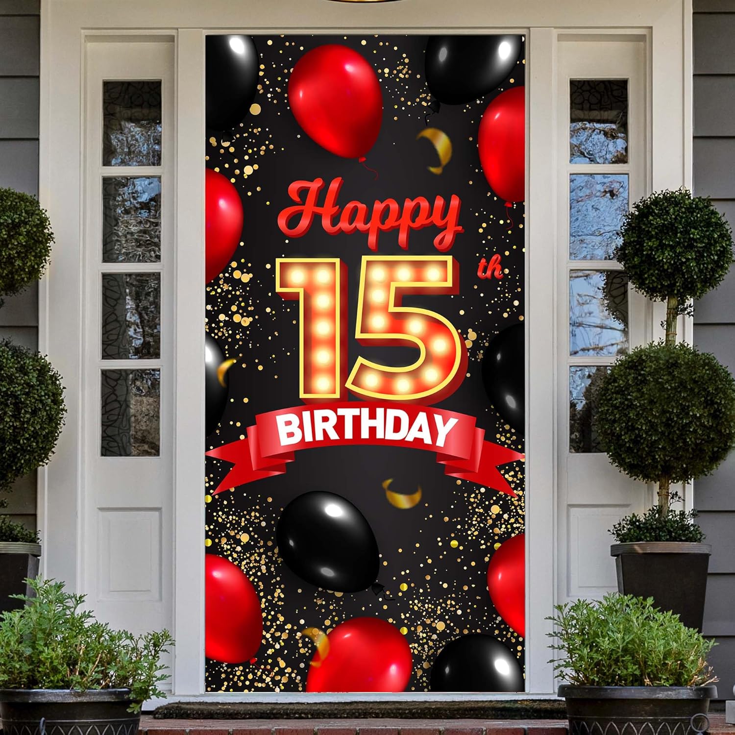 Cartel de feliz cumpleaños número 15 rojo y negro, globos de fondo para decoración temática para niñas y mujeres, princesas de 15 años, suministros