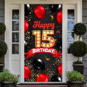 Cartel de feliz cumpleaños número 15 rojo y negro, globos de fondo para decoración temática para niñas y mujeres, princesas de 15 años, suministros Cartel de feliz cumpleaños número 15 rojo y negro, globos de fondo para decoración temática para niñas y mujeres, princesas de 15 años, suministros
