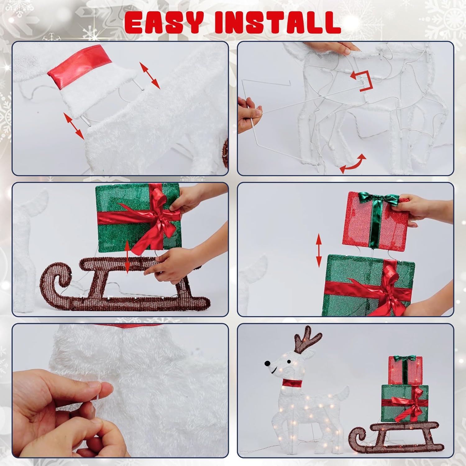 Joliyoou Decoración de Navidad 2D para patio, juego de 3 renos preiluminados con 60 luces LED blancas cálidas para puerta delantera de Navidad,
