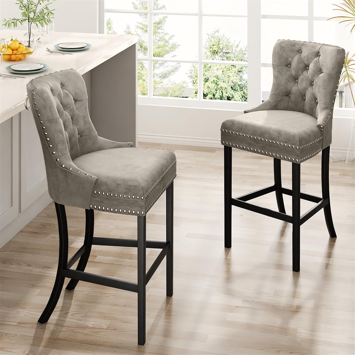 Recaceik Juego de 2 taburetes de bar de terciopelo con altura de mostrador, taburetes de bar tapizados con respaldo, taburete de cocina de 27