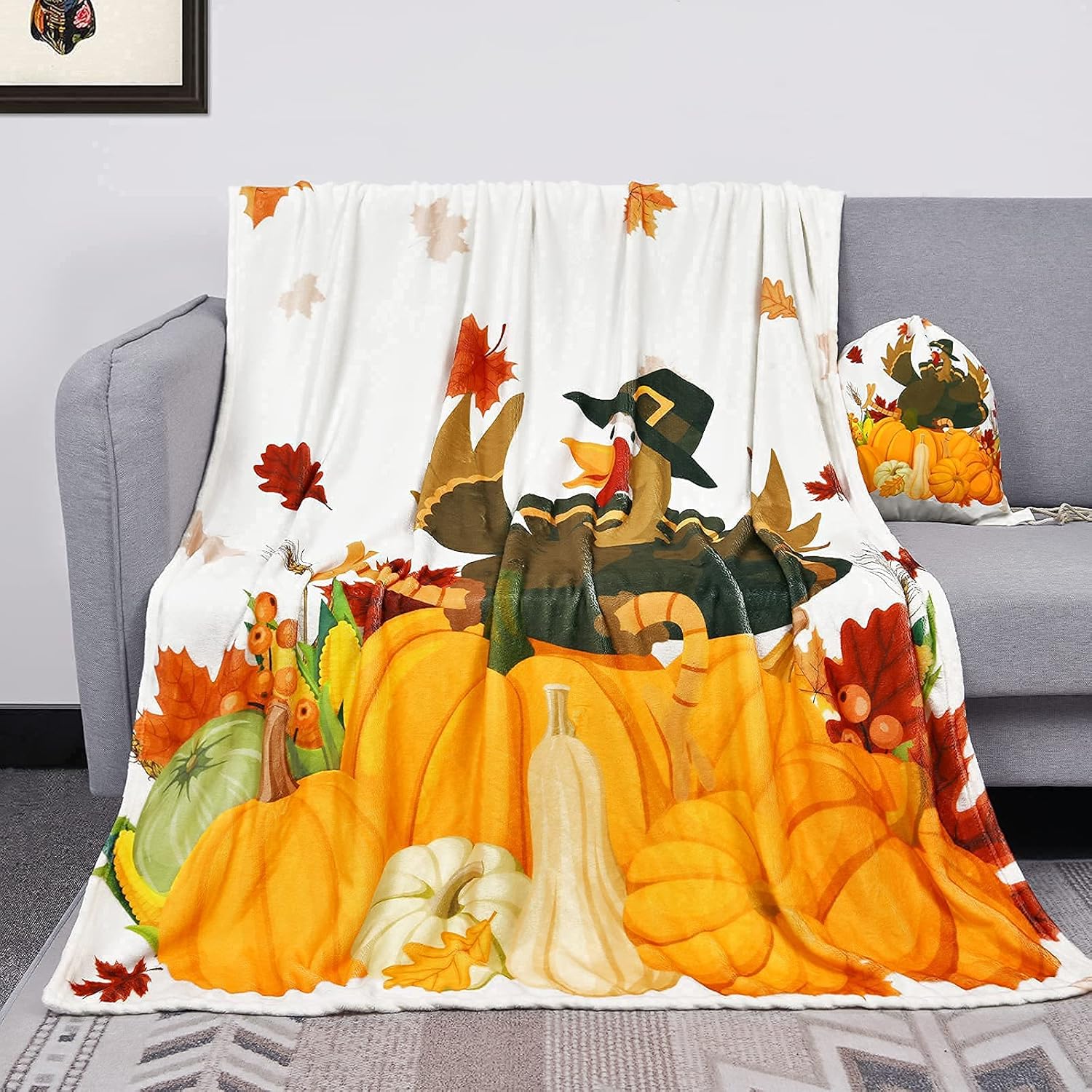 Manta de Acción de Gracias con bolsa de regalo, bonita manta de pavo de otoño para adultos, suave y cómoda manta de vellón de calabazas para sofá