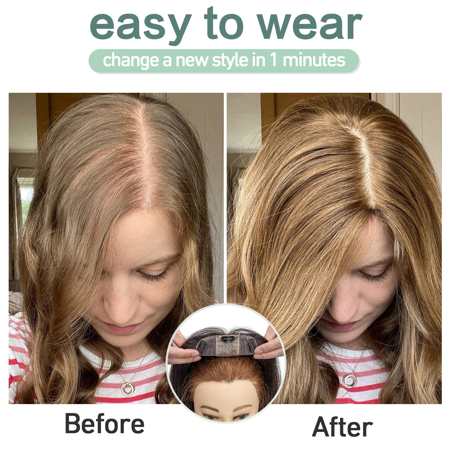 S-noilite Toppers para el cabello humano real para mujer, sin flequillo, 3.9 x 4.7 in, base de seda, extensiones de pelo con clip para cabello fino,