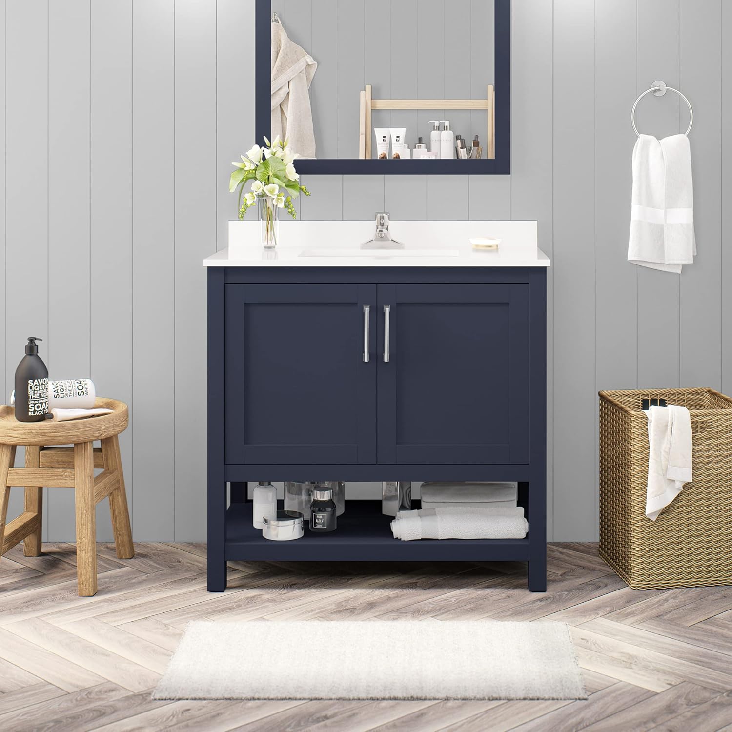 Ove Decors Vegas – Lavabo individual para encimera de mármol cultivado, 36 pulgadas, color azul medianoche