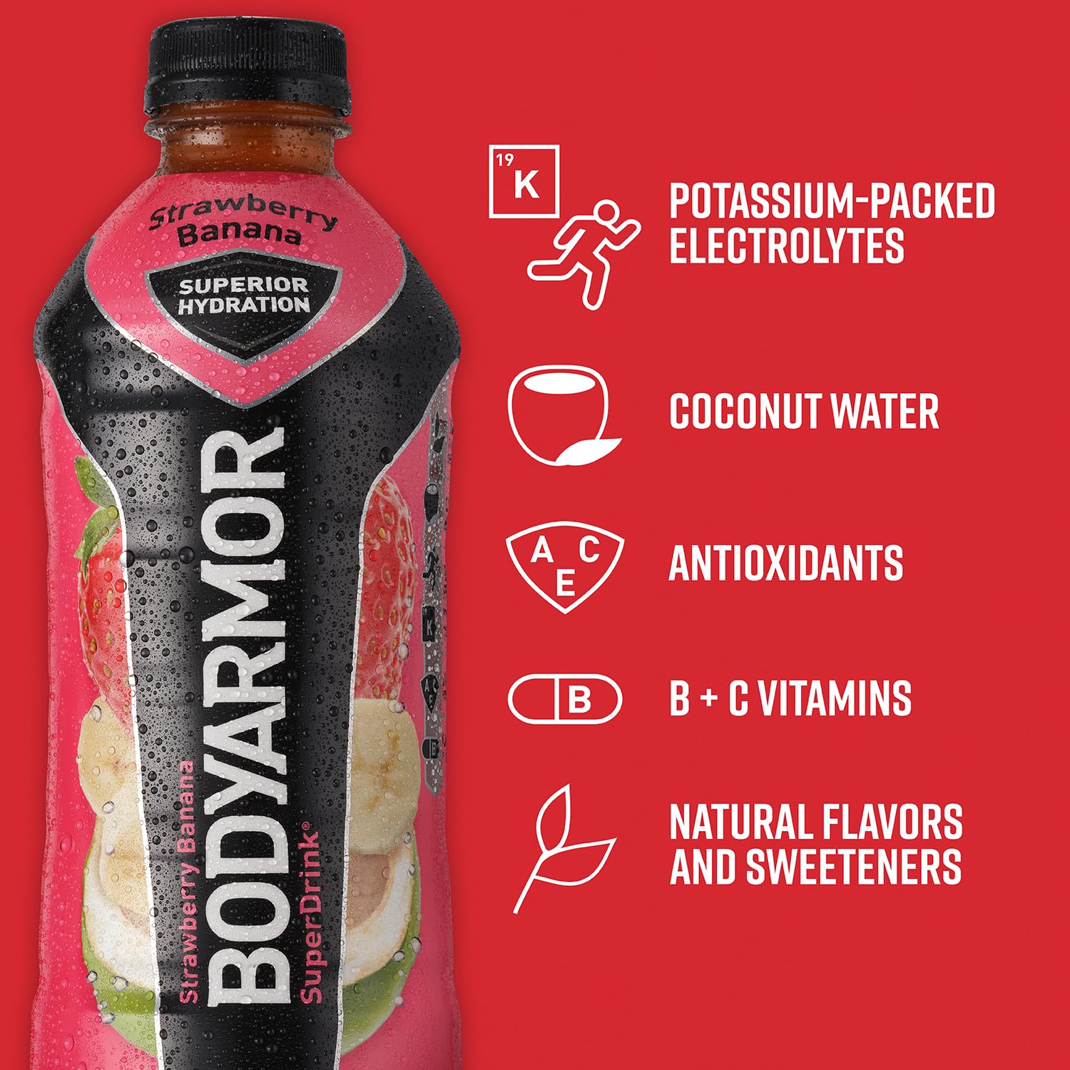 BODYARMOR – Bebida deportiva, fresa y plátano, sabores naturales con vitaminas, electrolitos ricos en potasio, perfecta para deportistas, 20 onzas