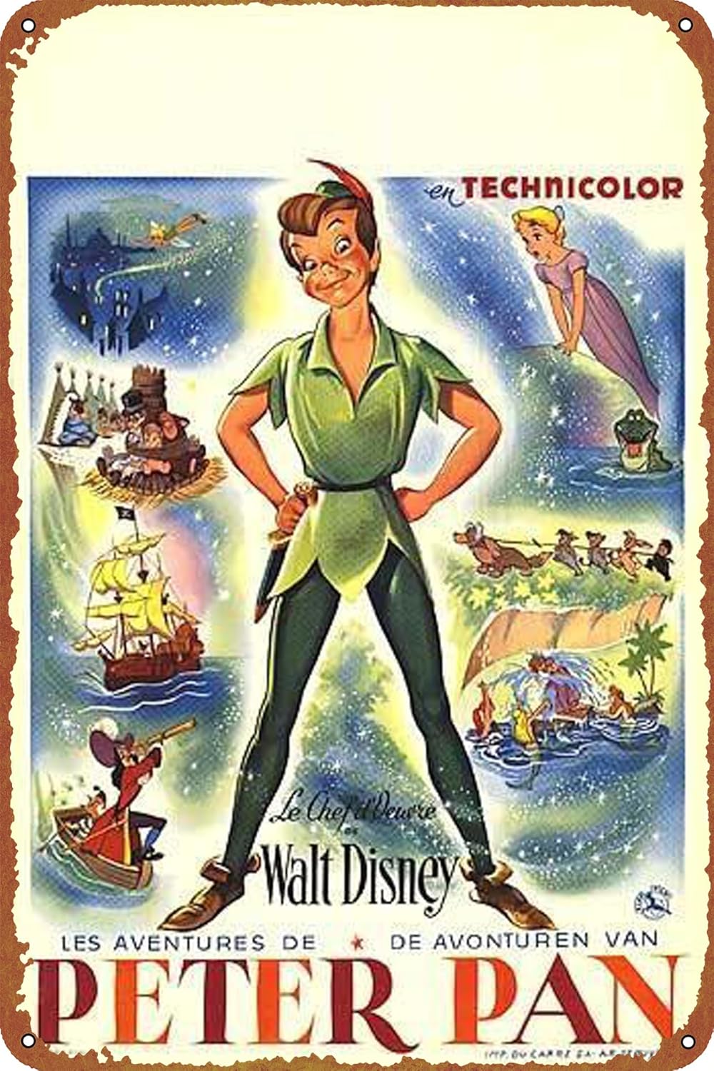 Póster de película de Peter Pan con logotipo de lata de metal, logotipo vintage vintage, para el hogar, barra de cueva, gimnasio, fitness, panel