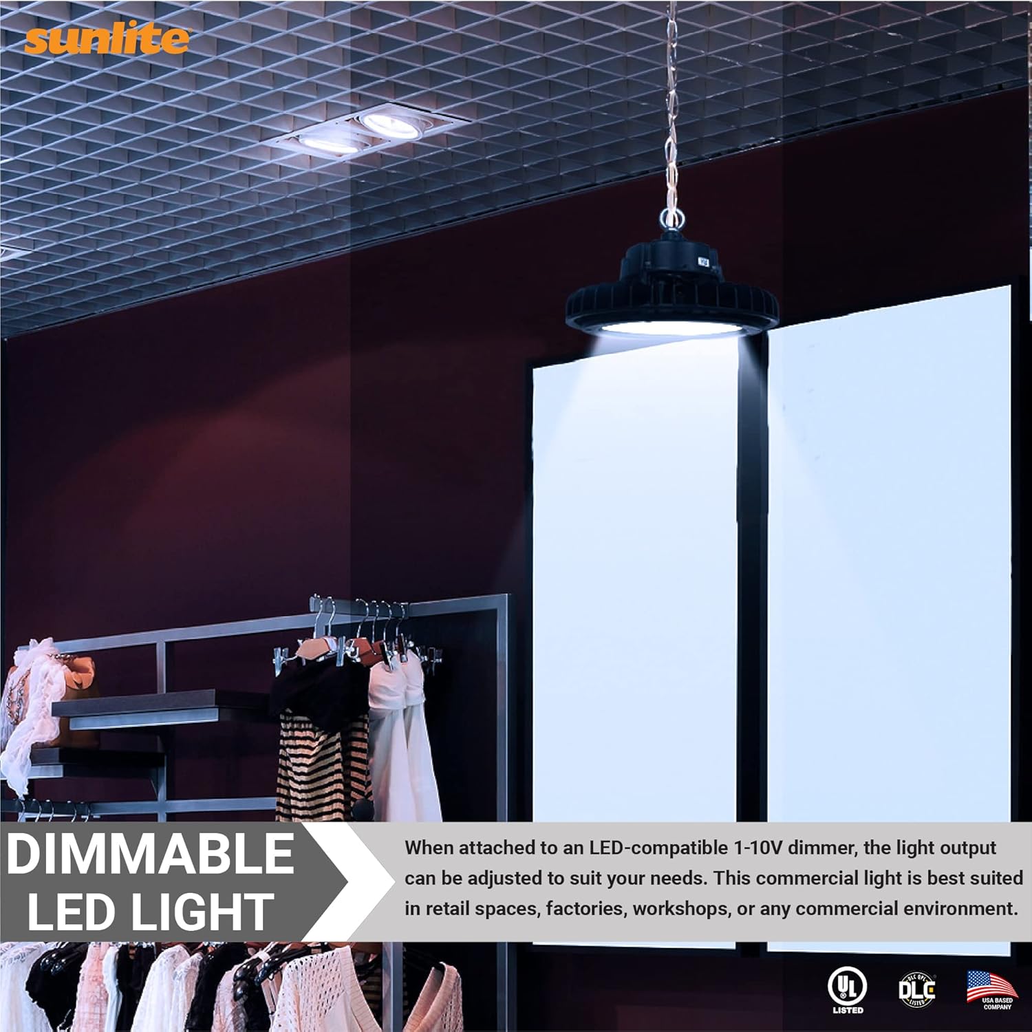 Sunlite 89688 LED comercial UFO High Bay Fixture, 300 vatios, 45000 lúmenes, 5000K Super White, 70 CRI, UL listado, negro, para almacenes, fábricas