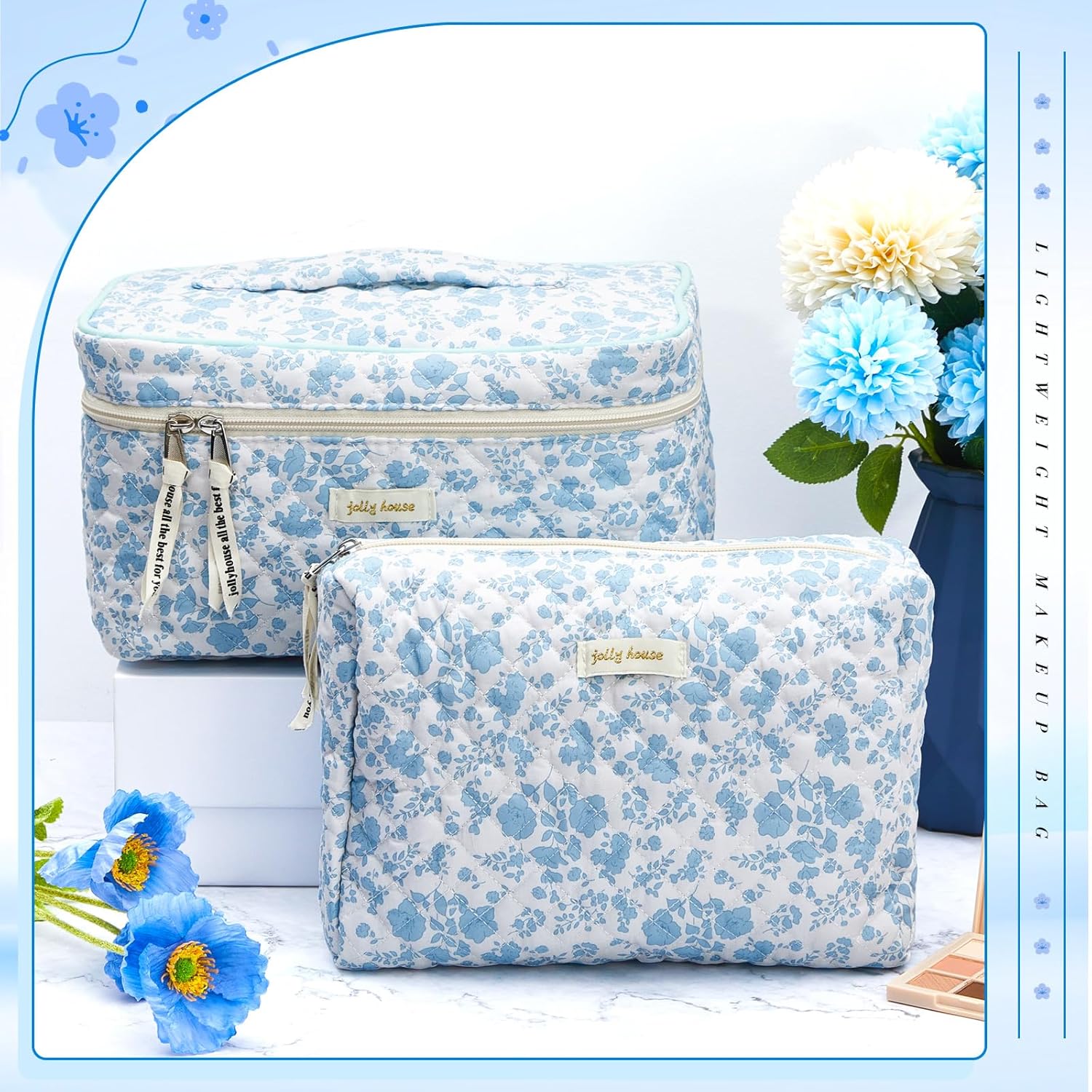 2 bolsas de maquillaje acolchadas de algodón, bolsa grande de viaje para cosméticos, estética, linda peonía floral, organizador de artículos de
