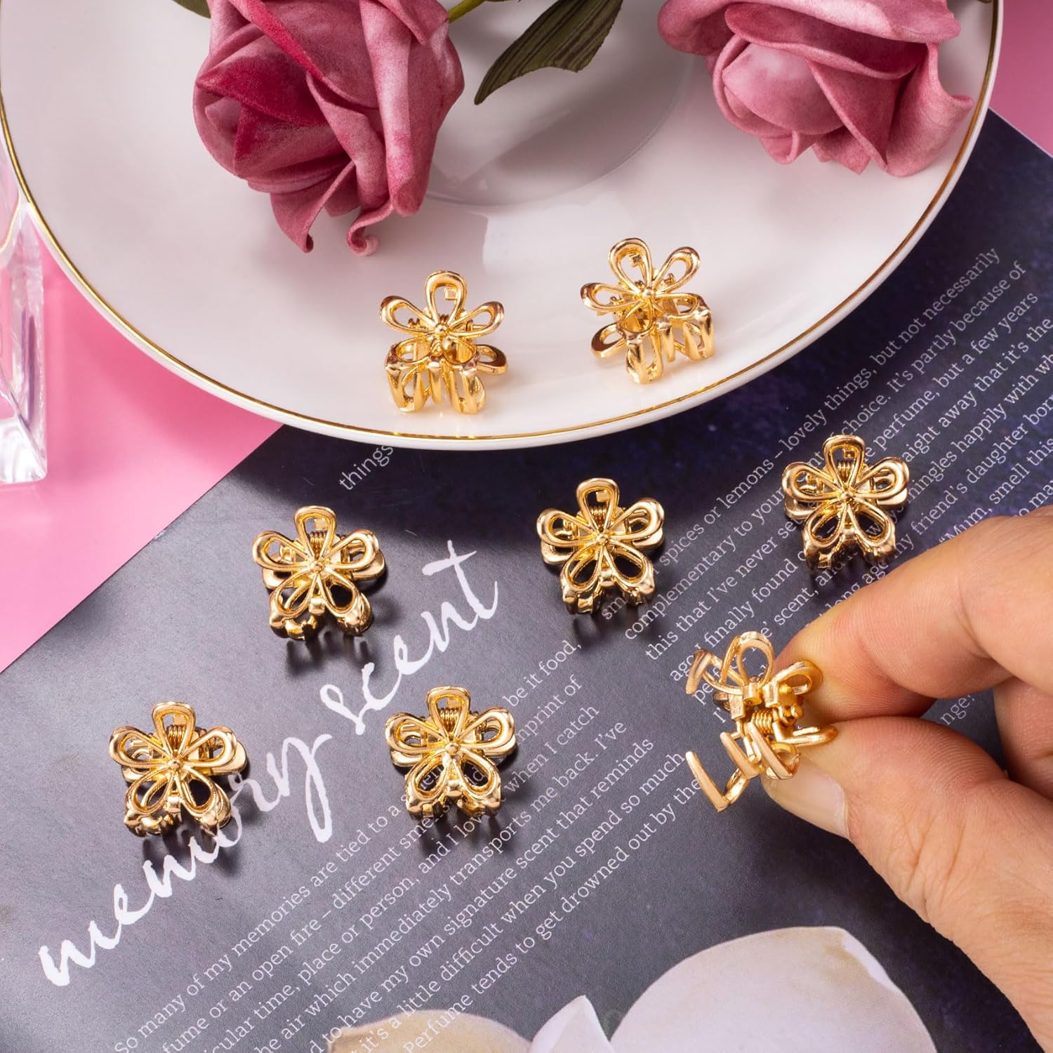 20 pinzas pequeñas de flores de 0.69 pulgadas, pequeños clips dorados para el cabello, accesorios de metal para mujeres, niñas, adolescentes,