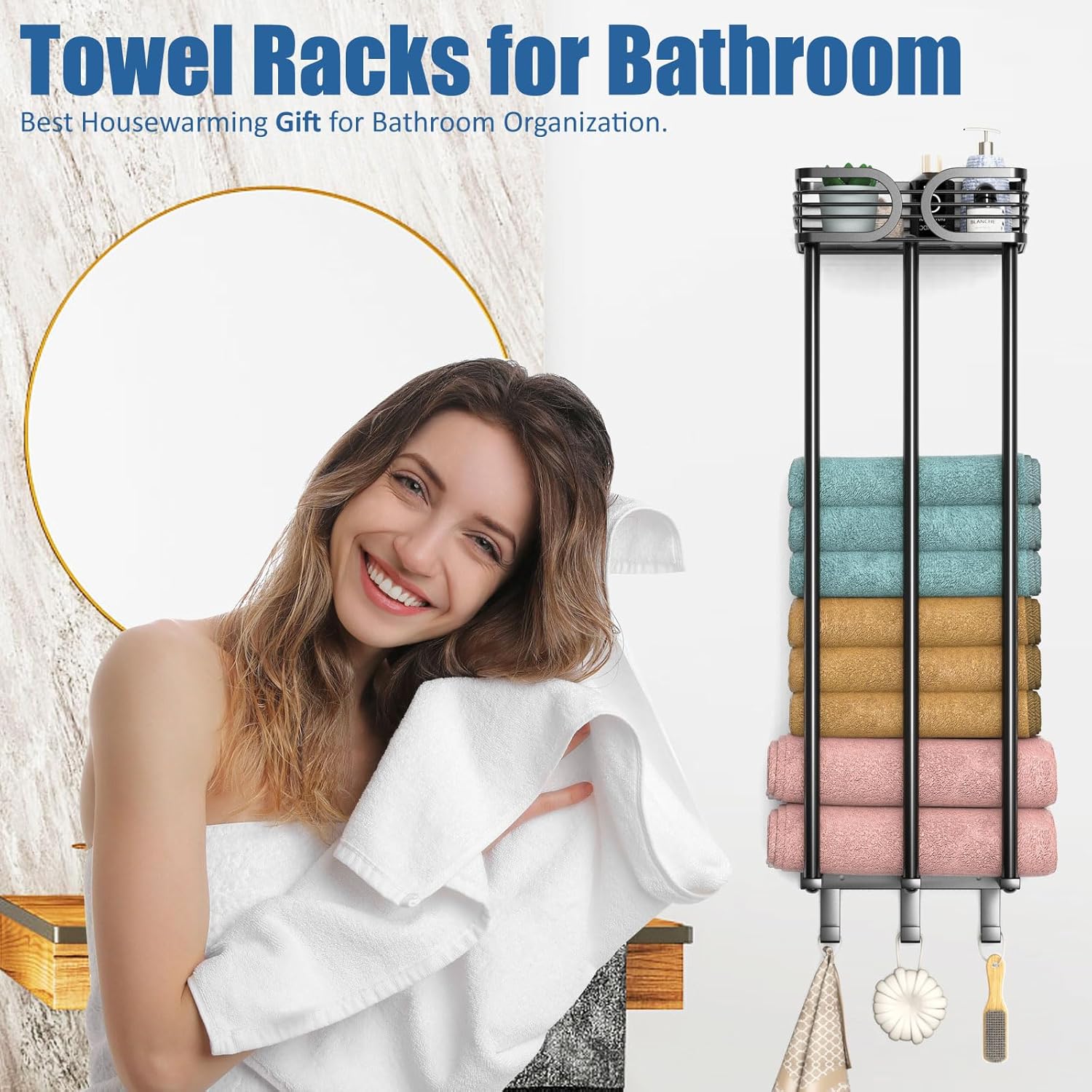Toalleros para baño, toallero para baño montado en la pared con estante y 3 ganchos, toallero de baño, puede contener hasta 6 toallas de baño