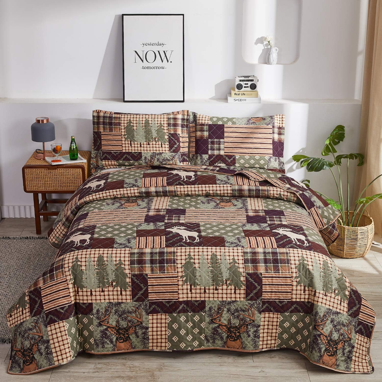 Hailea Juego de ropa de cama de tamaño Queen, colcha rústica de cabaña con alce y oso, colcha de cabaña con funda, suave y ligera, para todas las
