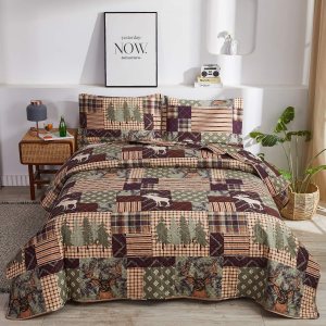 Hailea Juego de ropa de cama de tamaño Queen, colcha rústica de cabaña con alce y oso, colcha de cabaña con funda, suave y ligera, para todas las Hailea Juego de ropa de cama de tamaño Queen, colcha rústica de cabaña con alce y oso, colcha de cabaña con funda, suave y ligera, para todas las