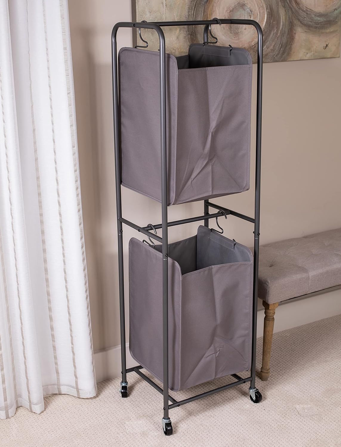 BIRDROCK HOME Clasificador vertical de 2 niveles para ropa sucia – Gris – Carrito con secciones de cesta dobles – Cuatro ruedas – Bolsas de ropa