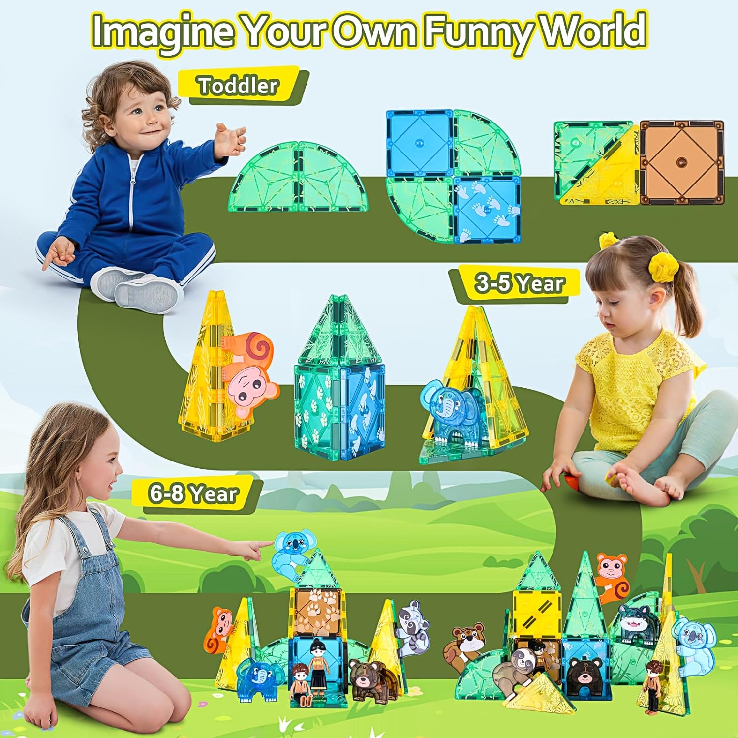 Asago Juego de azulejos magnéticos de dinosaurio con juego de animales de safari, juguetes de bloques de construcción magnéticos para niños pequeños