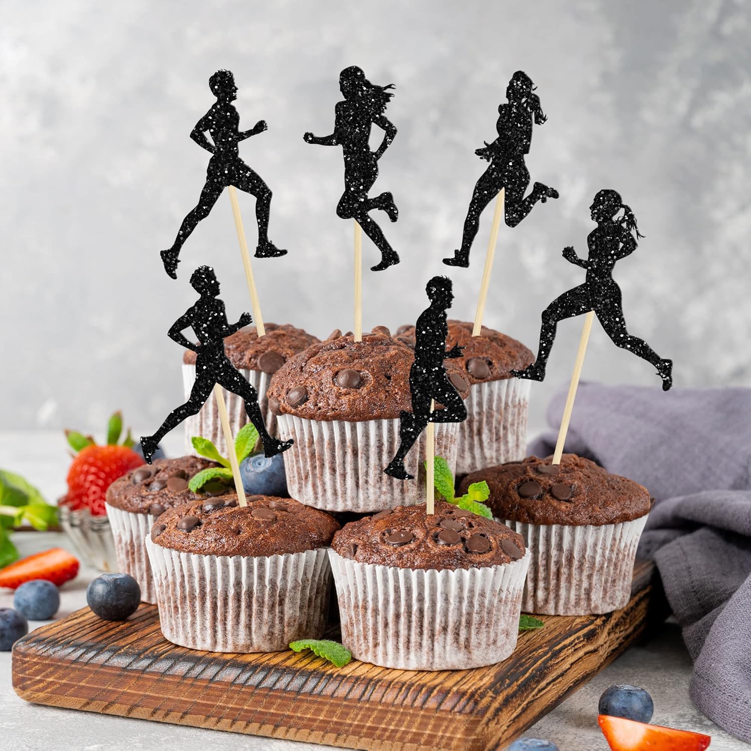 24 piezas de adornos para cupcakes para correr, con purpurina negra, para deportes, fitness, para correr, para niños y niñas, fiesta de cumpleaños,