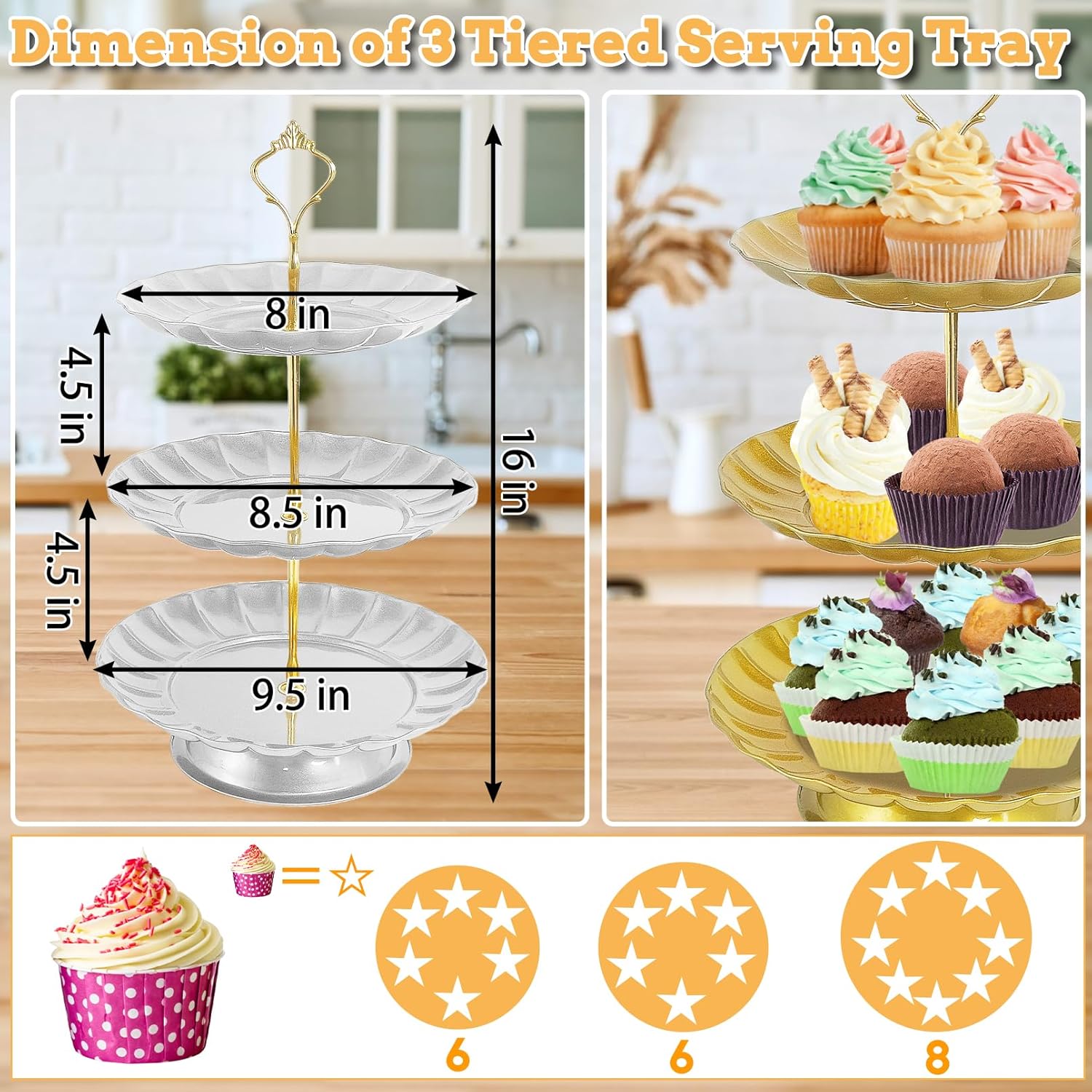 kathson Soporte de 3 niveles para cupcakes de acero inoxidable, soporte de torre para cupcakes, torre para cupcakes para el hogar, fiesta de té,