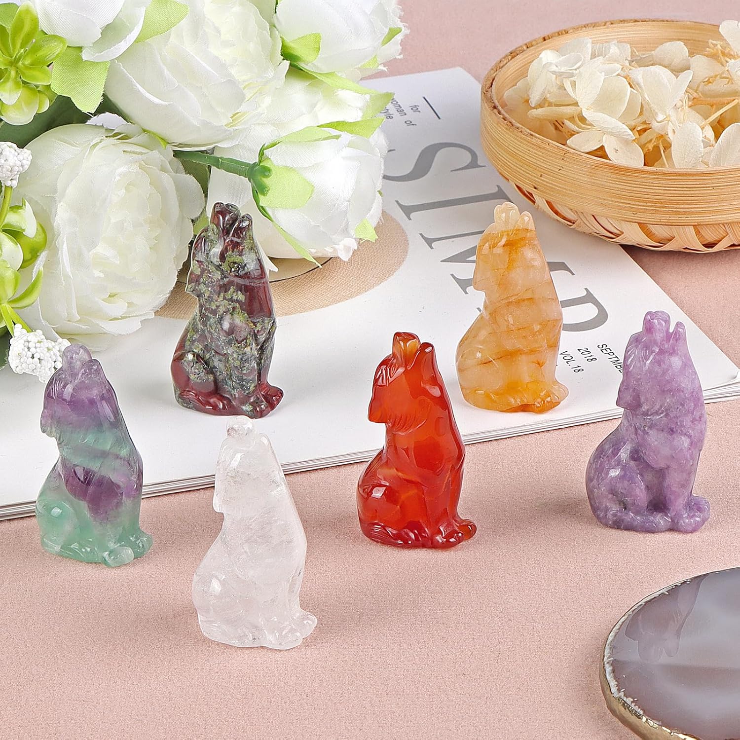 Artistone Estatua de lobo con cabeza de fluorita arcoíris de 2 pulgadas, adorno decorativo para centro de mesa del hogar, adorno curativo y
