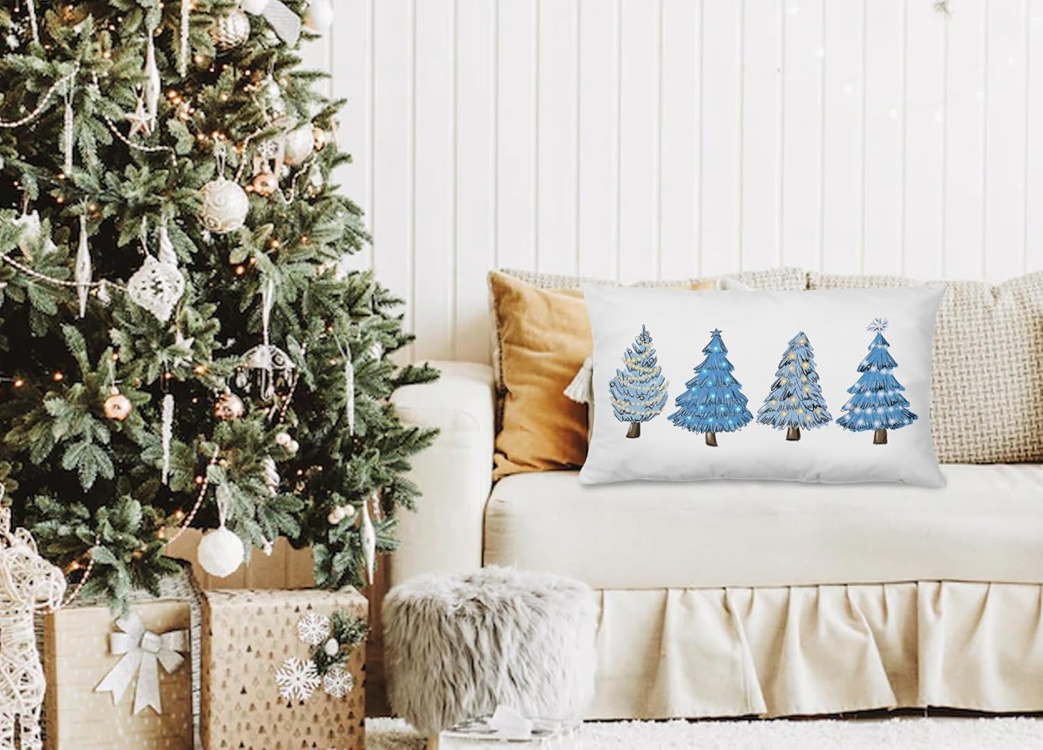 KEUSPI Fundas de almohada azules para árbol de Navidad de 12 x 20 pulgadas, decoración de Navidad azul, decoración de Navidad verde, fundas de cojín