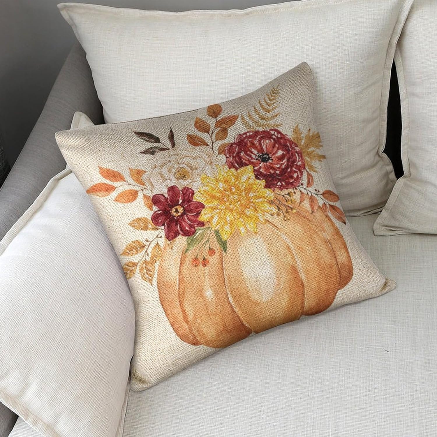 Juego de 2 fundas de almohada de calabaza naranja otoñal de 18 x 18 pulgadas, juego de 2 fundas de almohada cuadradas decorativas de lino con flores