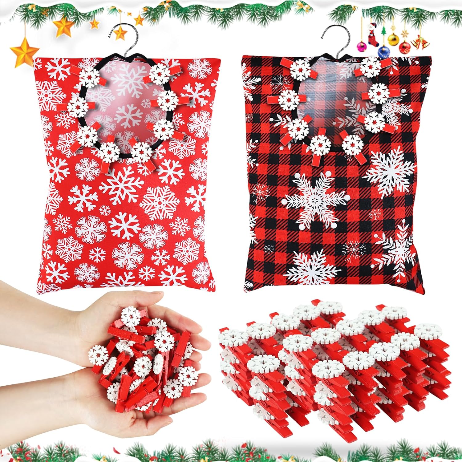 2 piezas de ropa de Navidad Pin bolsa de ropa soporte para bolsa de ropa de copo de nieve soporte de 15 x 11 pulgadas para ropa de invierno bolsa