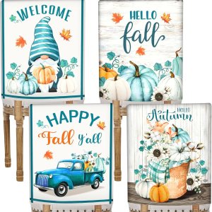 Blulu 4 fundas protectoras para sillas de comedor de Acción de Gracias, calabazas blancas y azules, gnomo, decoraciones de otoño, fundas de asiento Blulu 4 fundas protectoras para sillas de comedor de Acción de Gracias, calabazas blancas y azules, gnomo, decoraciones de otoño, fundas de asiento