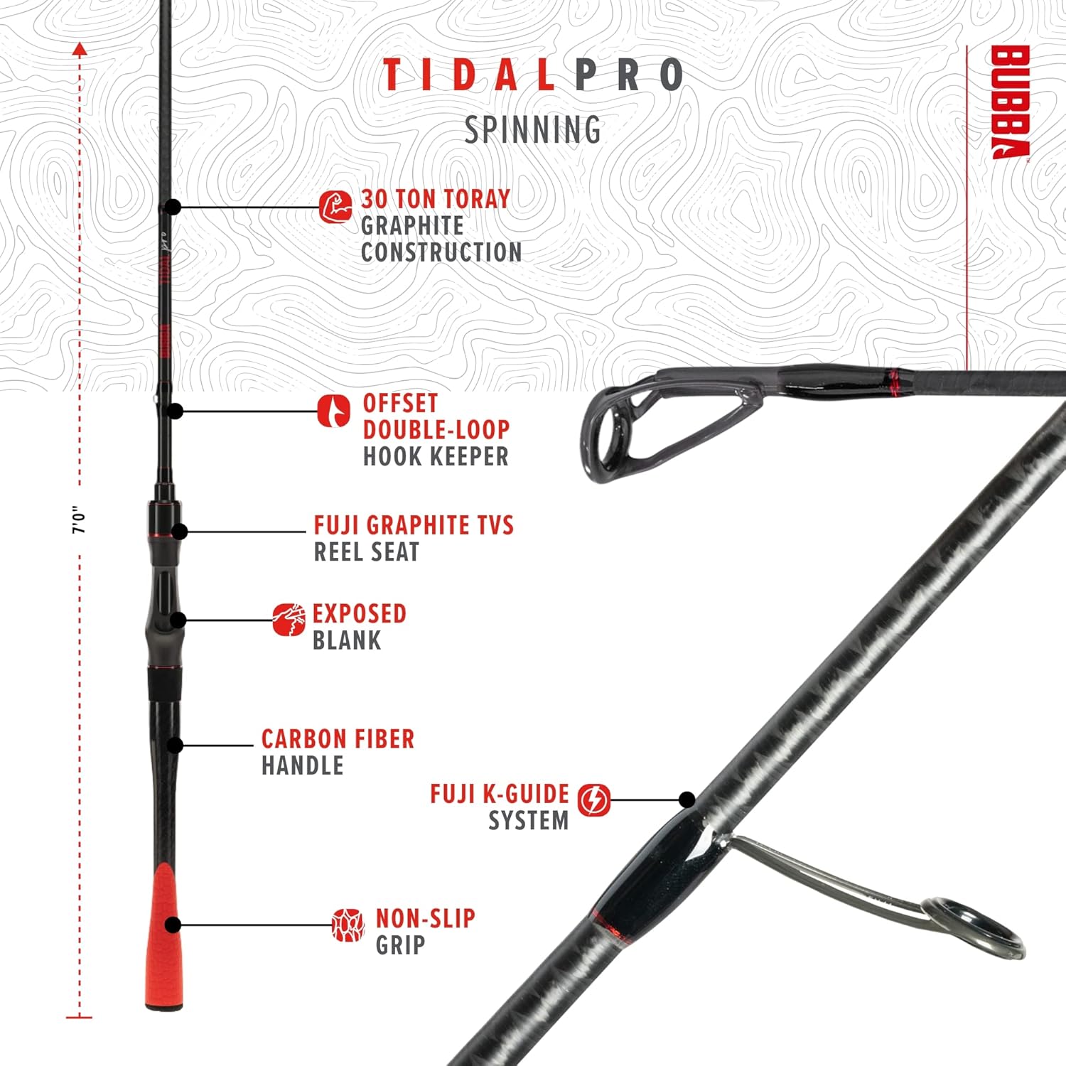 BUBBA Tidal Pro Inshore – Caña giratoria de 7 pies y 6 pulgadas con agarre de fibra de carbono
