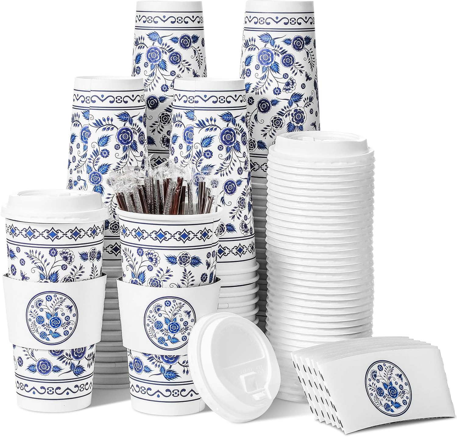 Sherr Paquete de 100 tazas de café de papel desechables con tapas, tazas de café con mangas y pajitas, tazas de café de papel azul y blanco, tazas