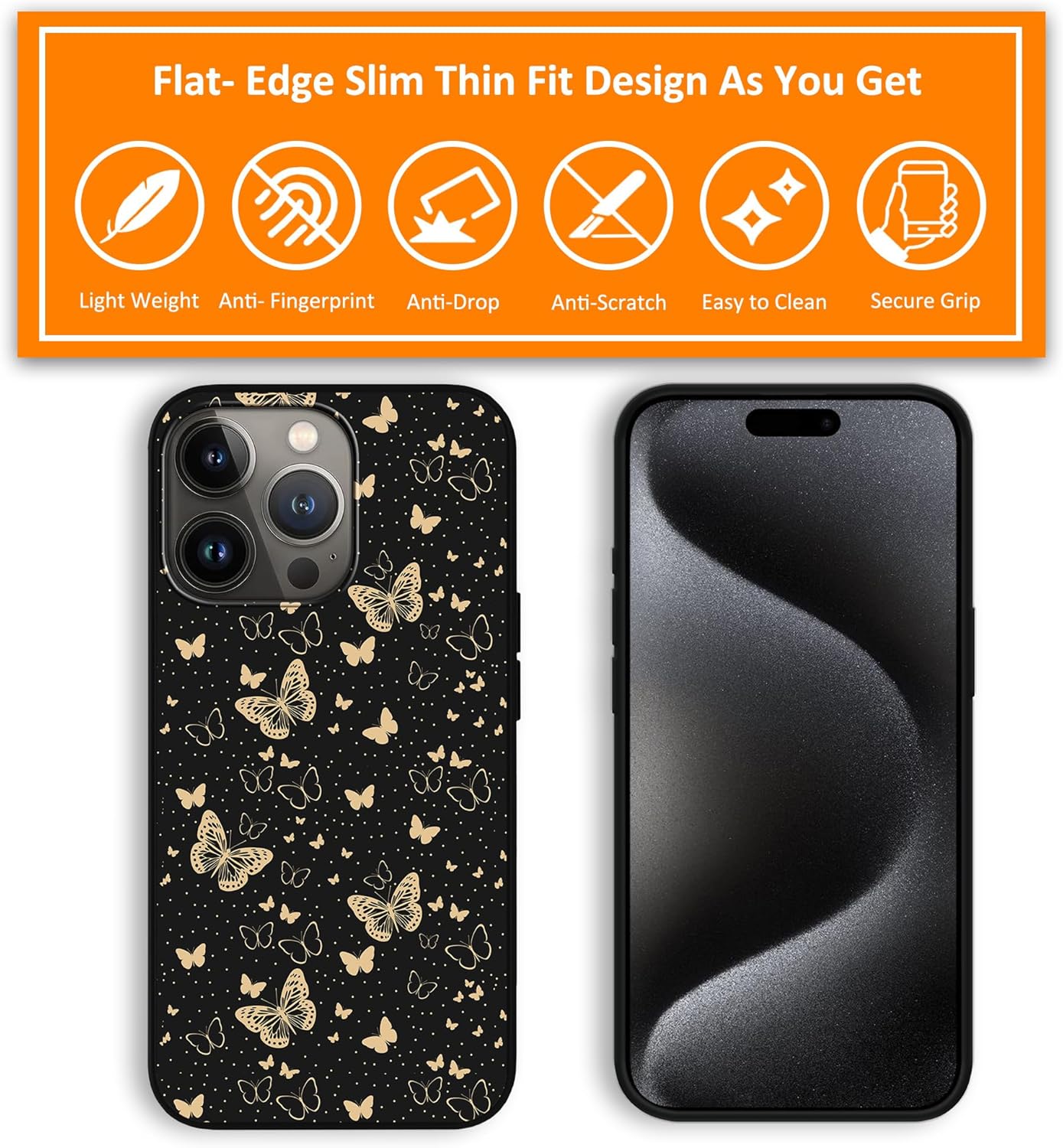 Funda diseñada para iPhone 15 Pro Max con patrón de mariposas doradas para hombres, mujeres, niños y niñas, TPU suave, cuerpo completo, a prueba de