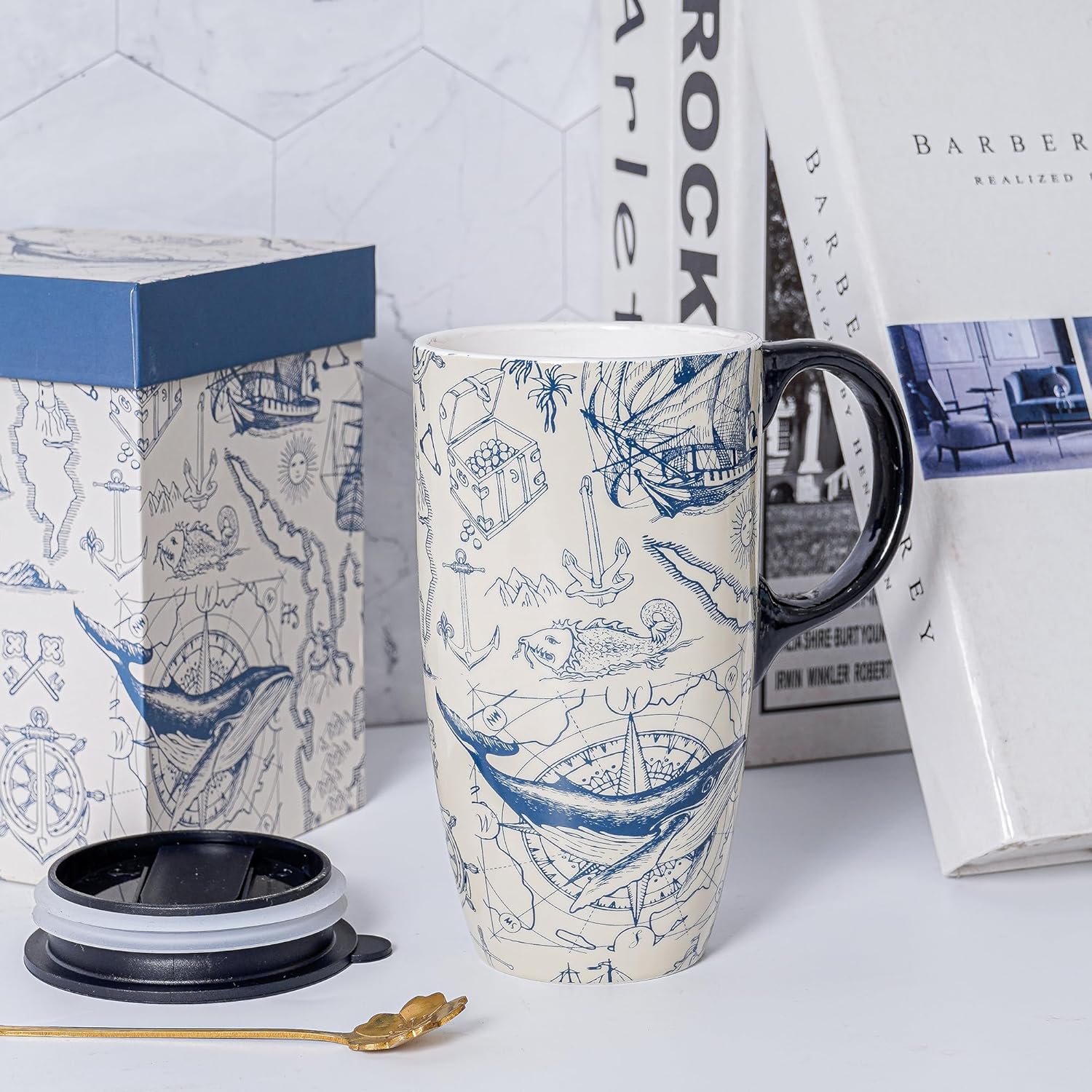 Topadorn Taza de café de cerámica para regalo con tapa de 17 onzas, taza de té alta de porcelana con asa para el hogar y la oficina, taza con patrón