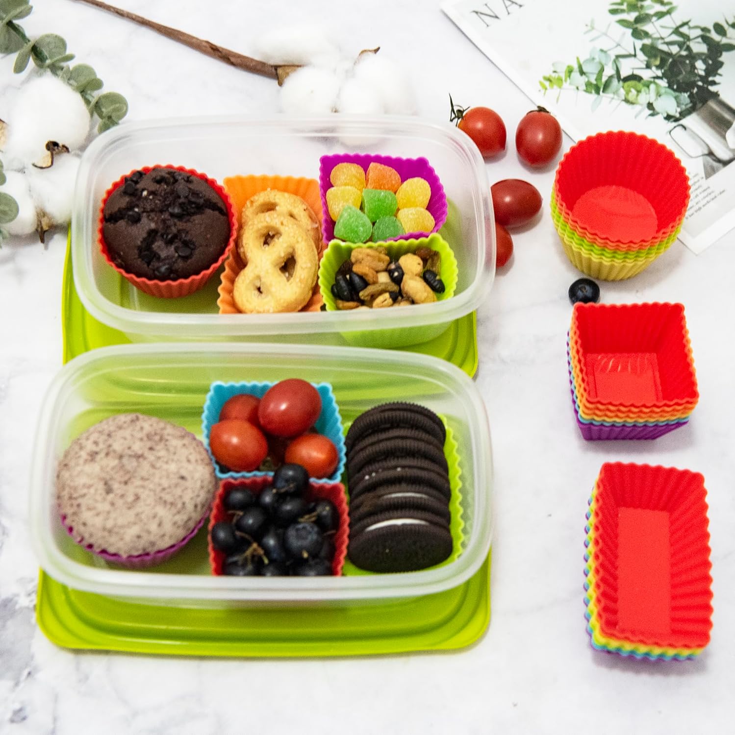 Forros de silicona para cupcakes, 36 divisores de silicona para loncheras, tazas de silicona antiadherentes, accesorios de caja Bento para niños