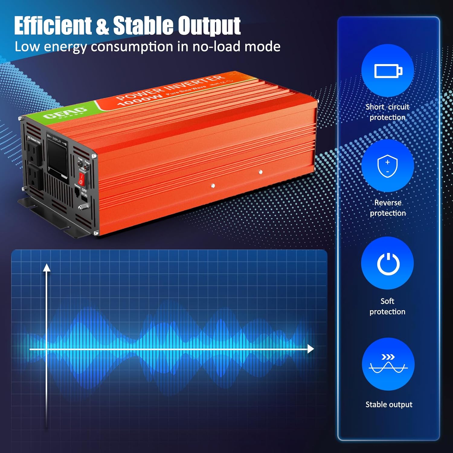 Inversor de onda sinusoidal pura de 1000 W, convertidor de 12 V CC a 110 V CA con rayo, cable de datos USB para el hogar, RV, camión, campamento con
