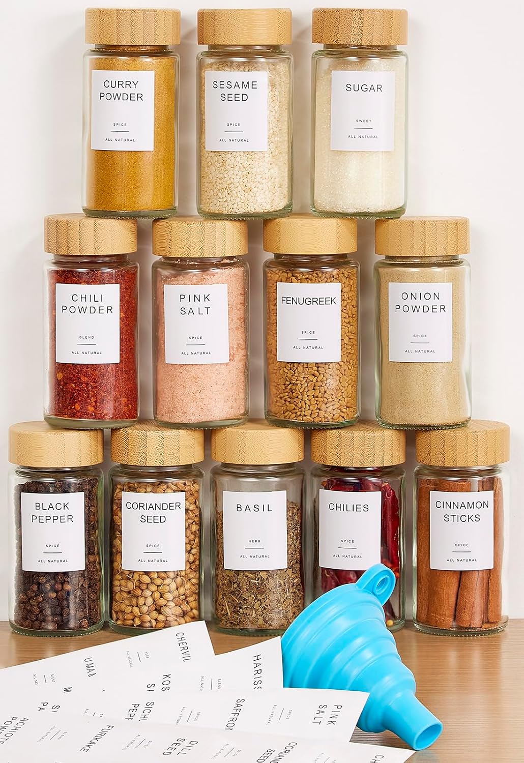FavorFlavor 12 tarros de especias con etiqueta, tarros de condimentos de vidrio grueso de 4.6 onzas con tapas de bambú, botellas herméticas de