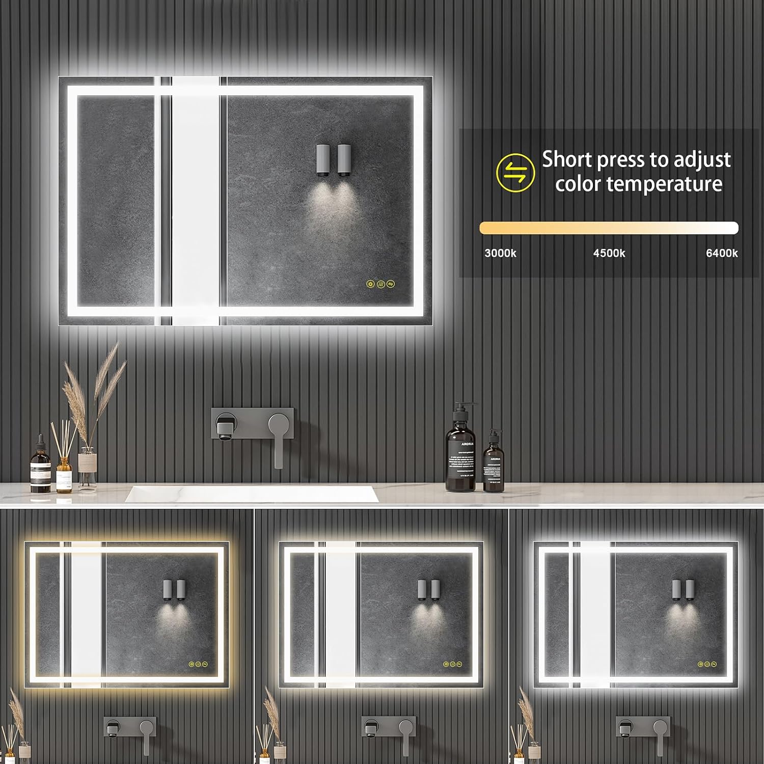 CITYMODA Espejo LED de 24 x 36 pulgadas para baño, antiniebla, 3 colores, regulable, iluminado para montar en la pared, espejo de baño con luces
