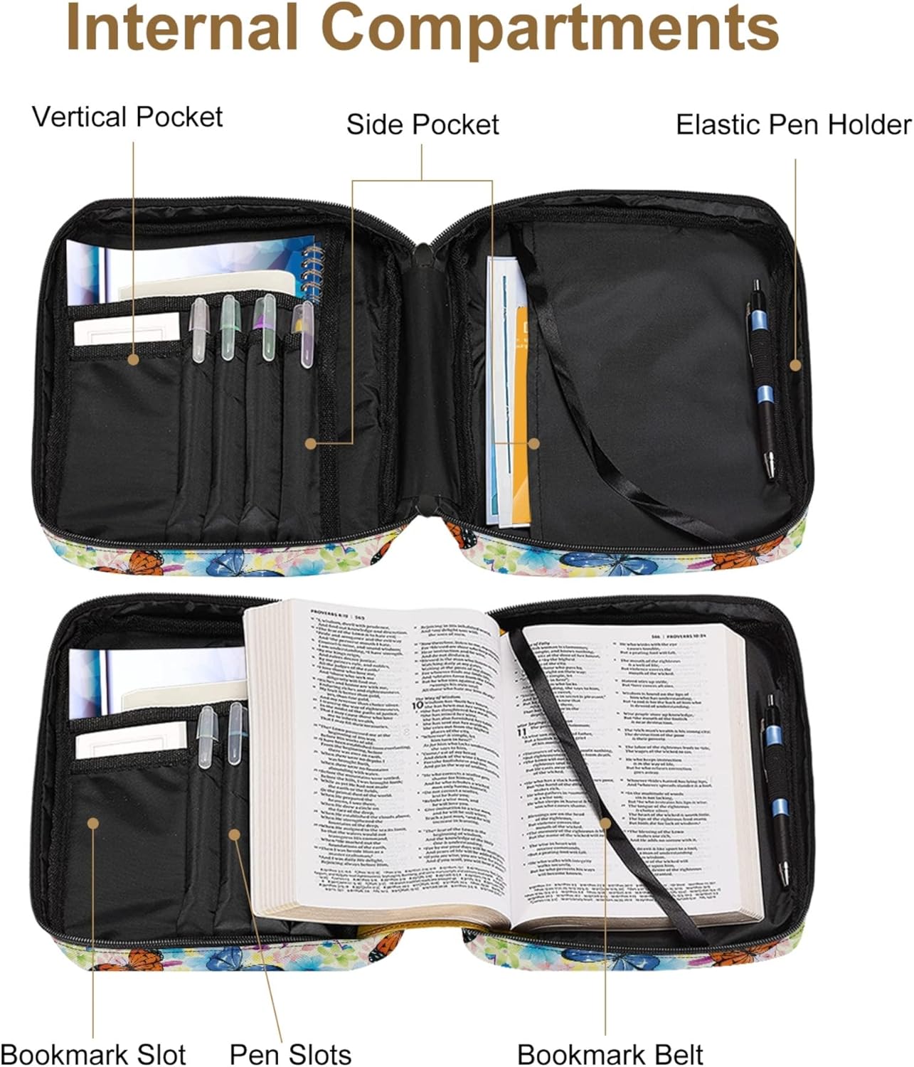 ZOCANIA Fundas florales para la Biblia para mujeres y niñas, funda de Biblia de mariposa con asa y bolsillo con cremallera, tamaño grande de 10.8 x