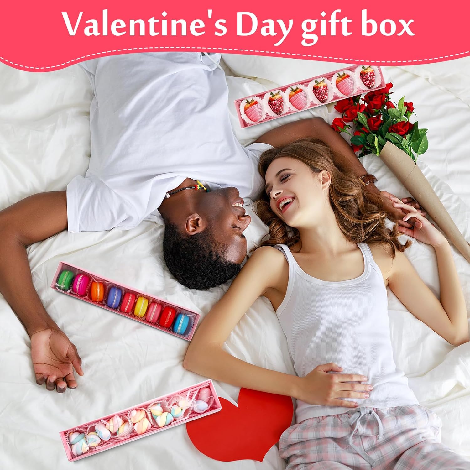 40 juegos de cajas de fresas de chocolate para el día de San Valentín con ventana transparente, 250 bandejas de papel para alimentos, 4 bolsas,