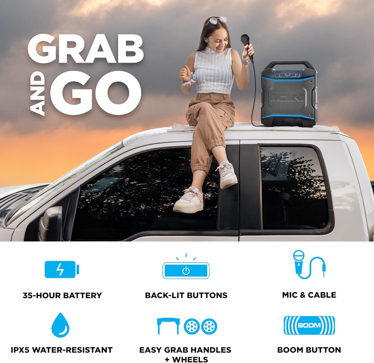 ION Block Rocker – Altavoz portátil Bluetooth para fiestas al aire libre con micrófono de karaoke, batería, 4 altavoces, radio, puerto USB,