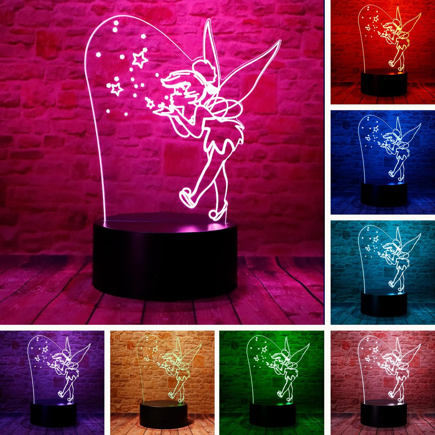 Magic Elf Tinker Bell Miss Bell Rare Peter Pan Snowflake Tinkerbell Anime Character 3D LED Decoración Dormitorio Lámpara de mesa con control remoto
