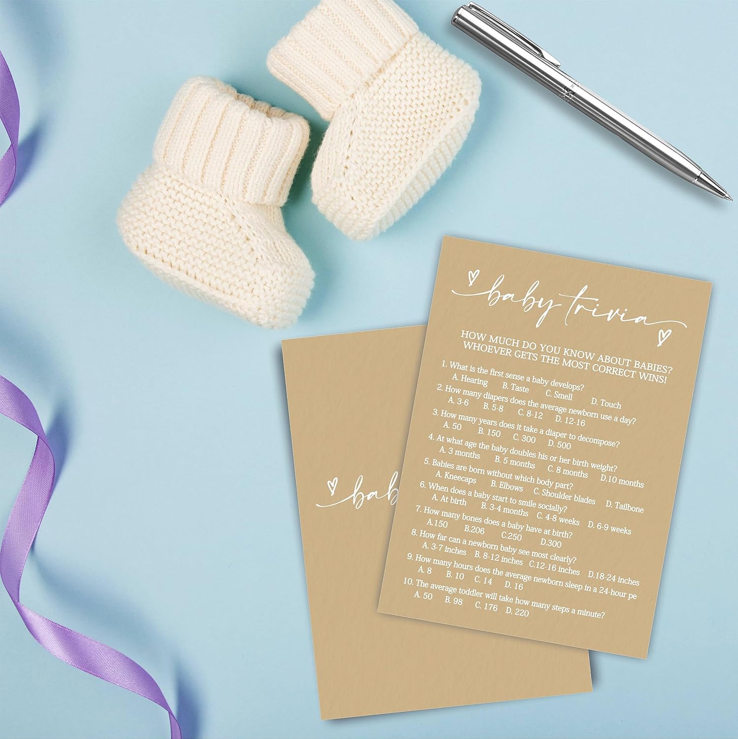 Kit de juego de preguntas para bebés para baby shower, color marrón minimalismo, 30 tarjetas de juego rellenas y 1 tarjeta de respuesta para baby