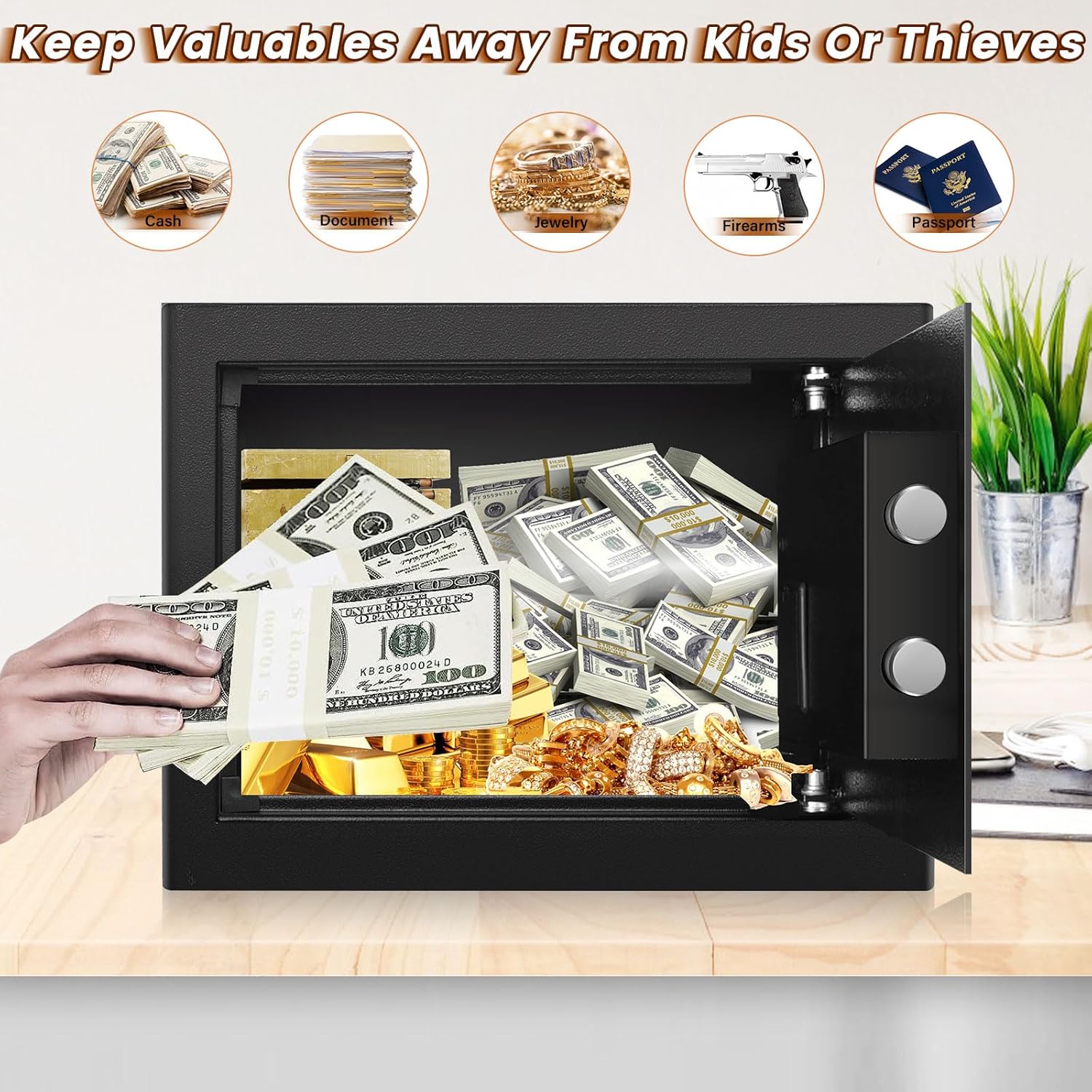 Caja fuerte ignífuga pequeña de 0.7 pies cúbicos para uso doméstico, caja de seguridad digital para el hogar con cerradura de combinación y teclas