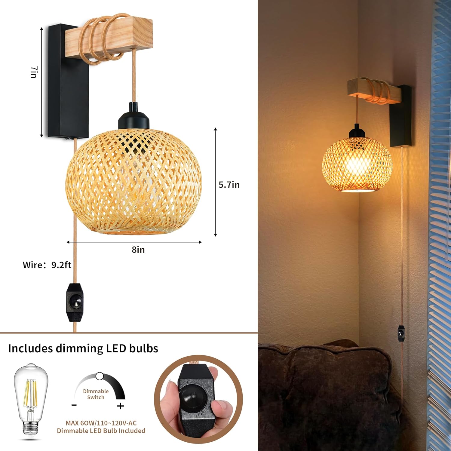Juego de dos apliques de pared de ratán enchufables, apliques de pared de bambú tejidos a mano con interruptor, aplique de pared negro rústico