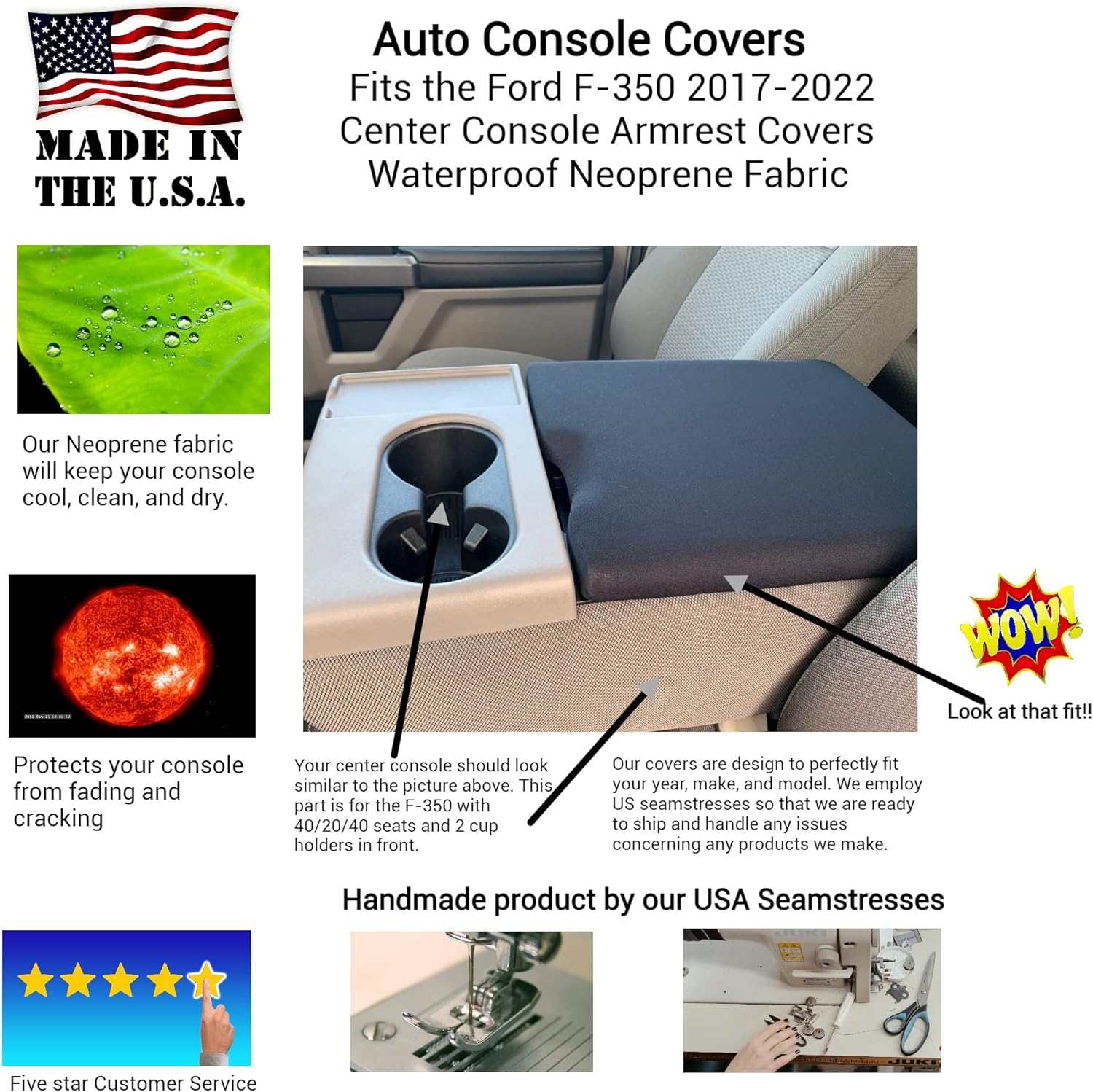 Auto Console Covers – Se adapta al Ford F-350 Super Duty 2017-2022 Funda de tapa de reposabrazos de consola central impermeable tela de neopreno –