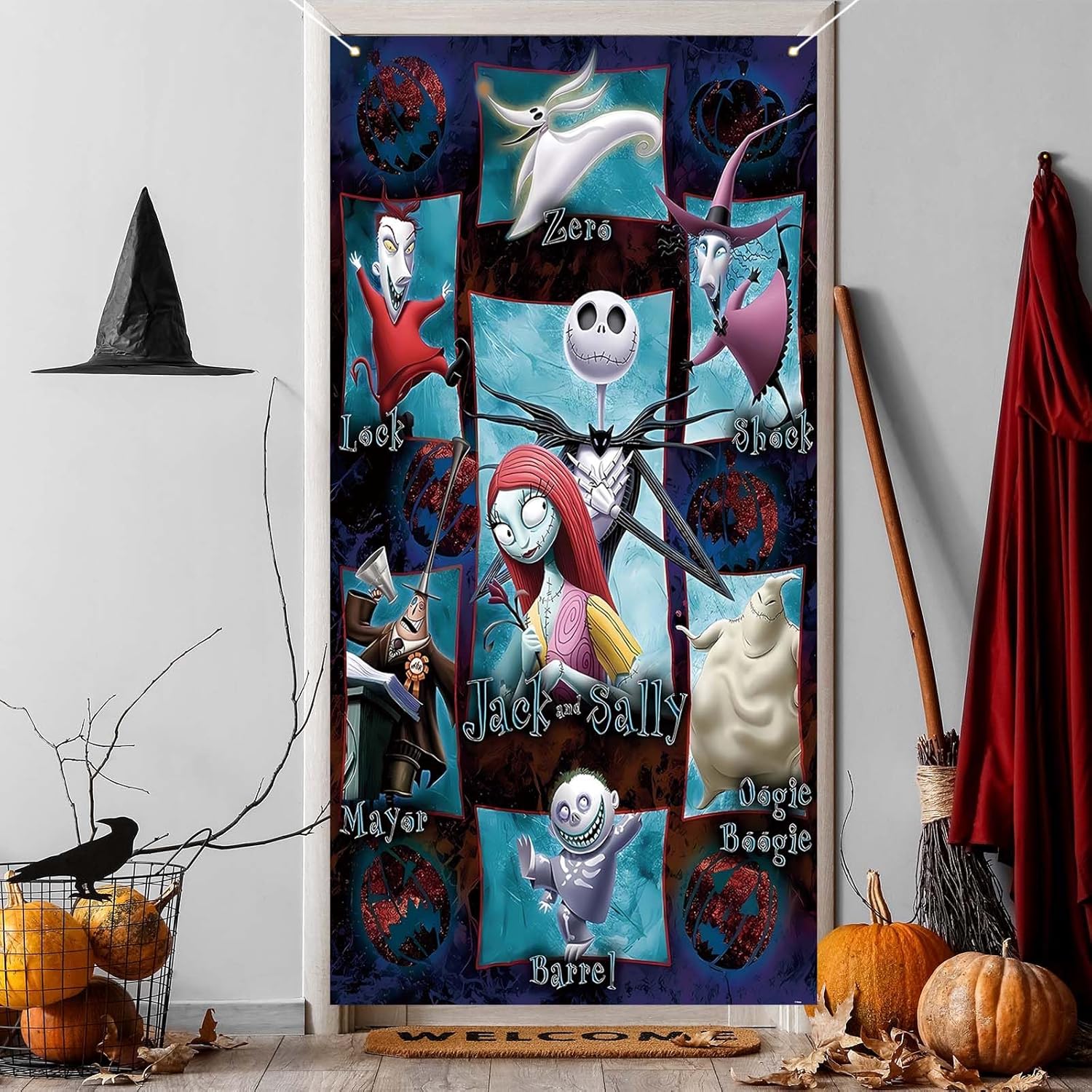 Jack Skellington Sally Zero – Cubierta de puerta de Jack Skellington Sally Zero – Fondo de fotos para Halloween, Navidad, Navidad, decoración y