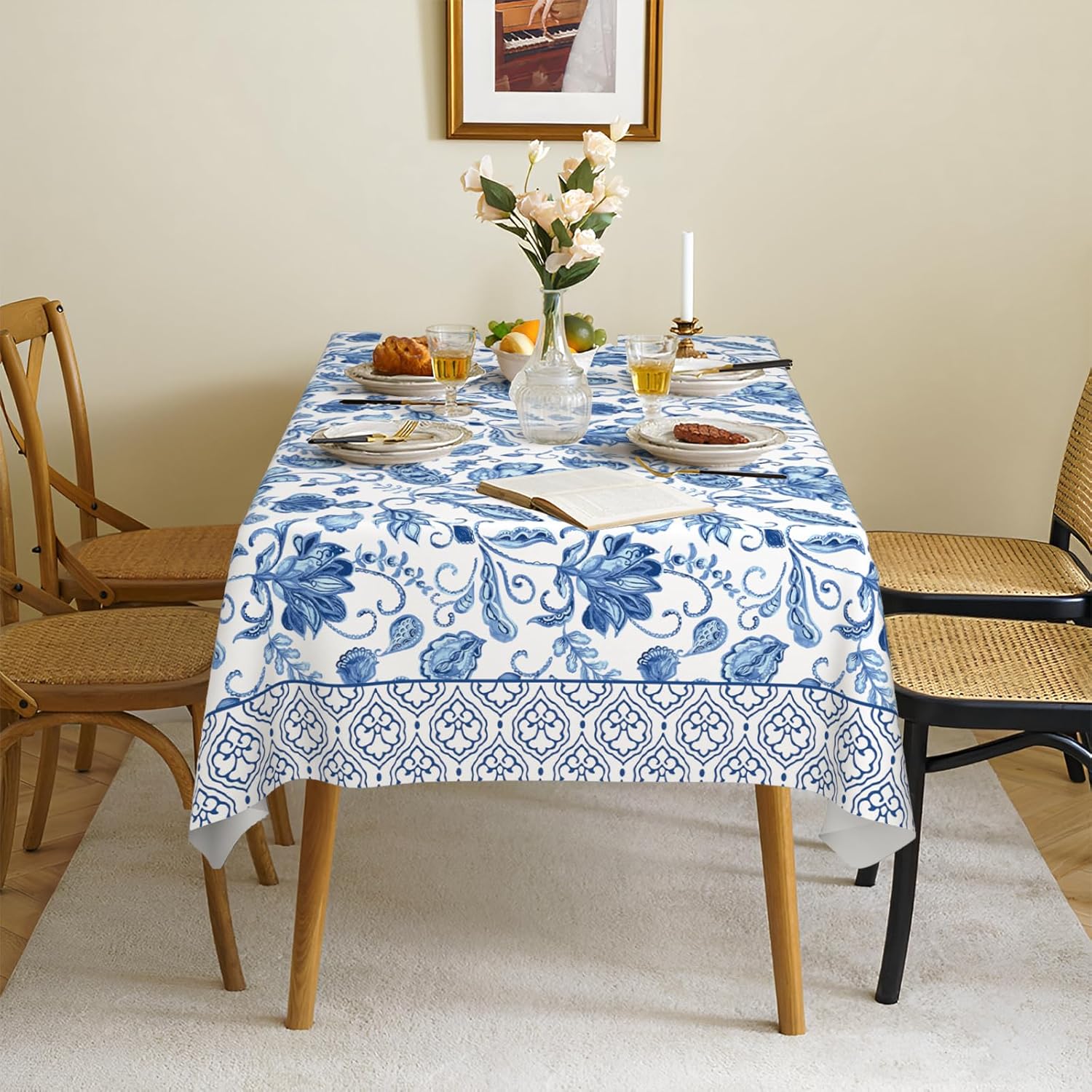Mantel de tela impermeable de porcelana blanca y azul, rectangular, a prueba de arrugas, resistente al aceite, para mesa de comedor, fiestas de bufé