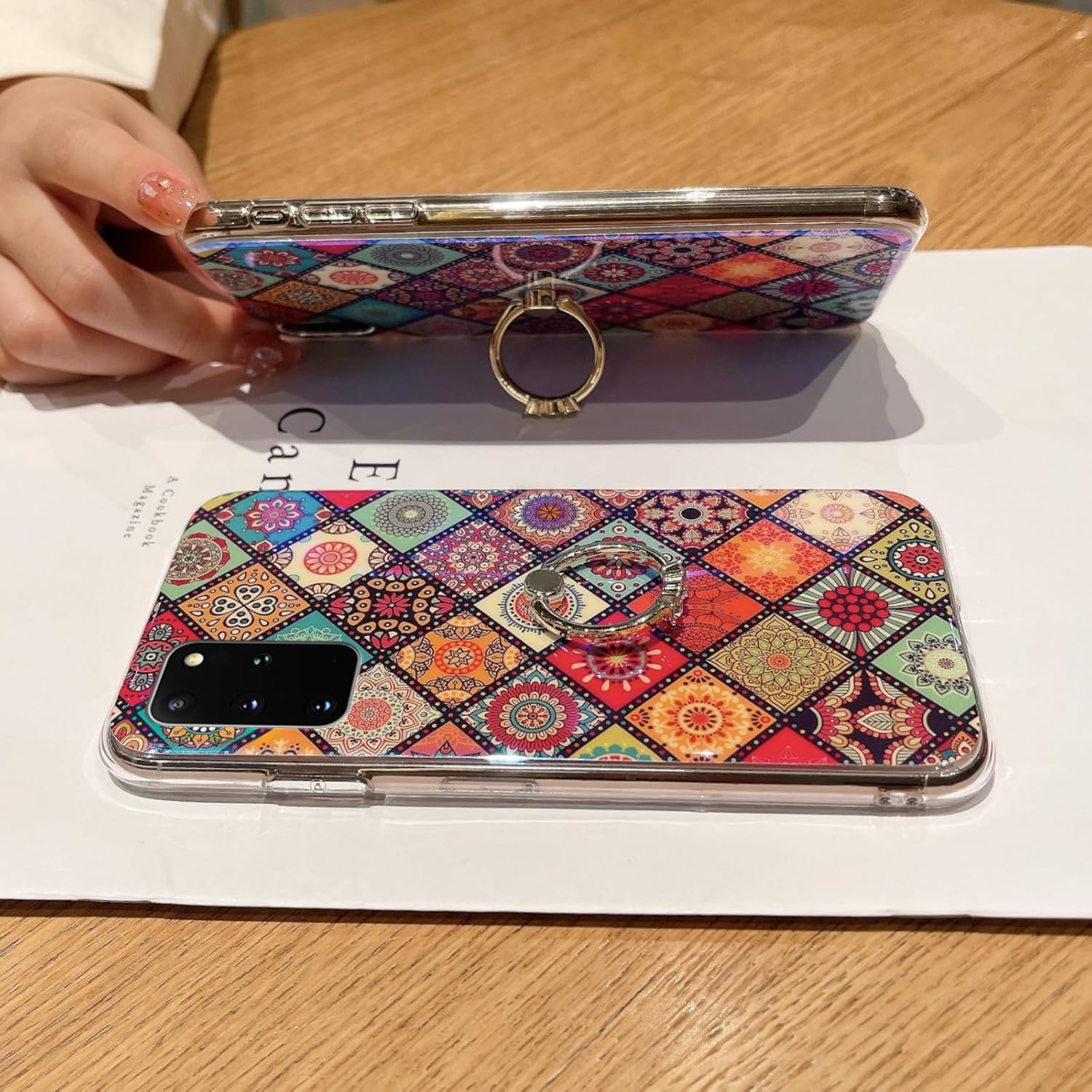 Funda para teléfono Samsung Galaxy S20 Plus con soporte de anillo dorado para niñas y mujeres, linda flor étnica, estilo retro, floral, delgada, a
