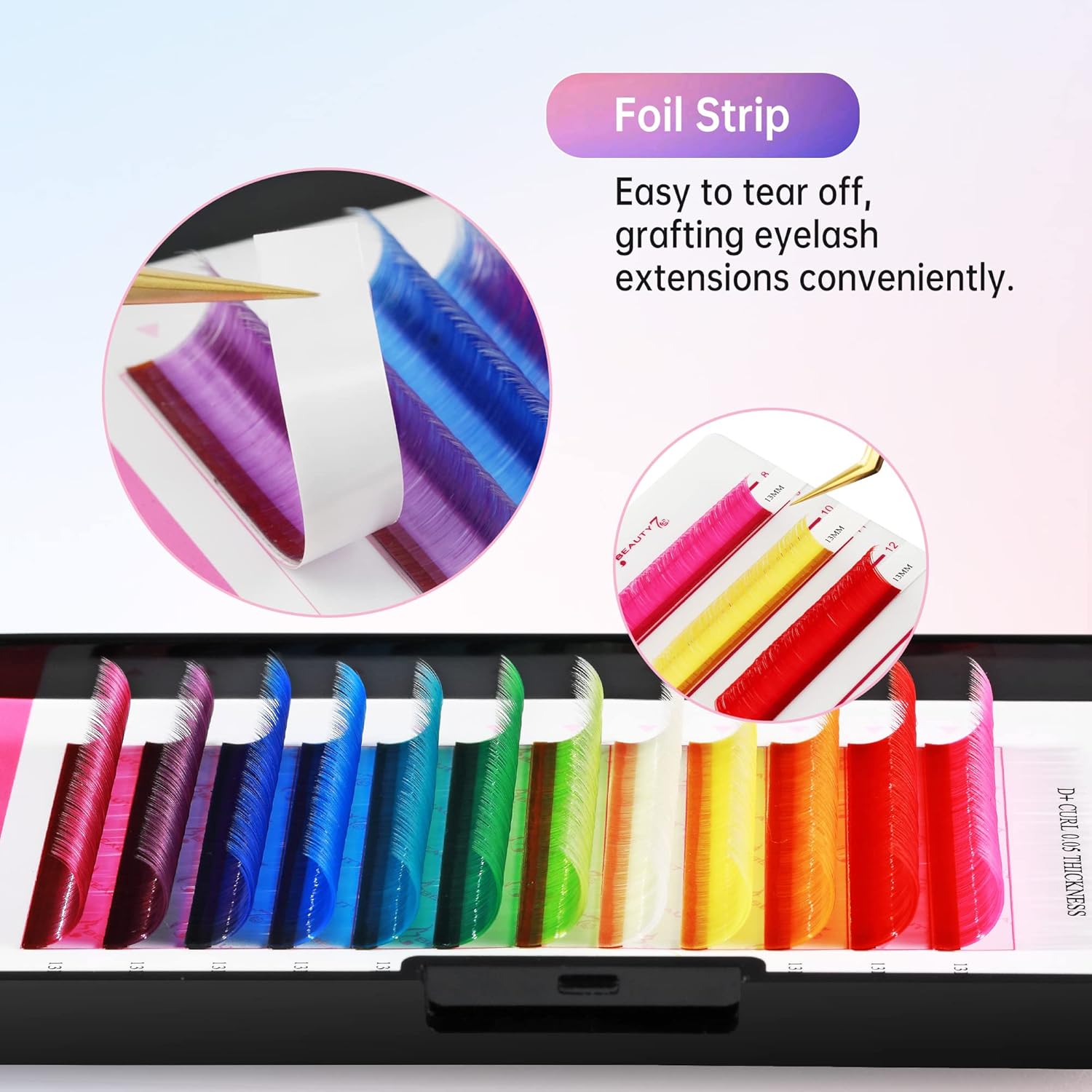 Beauty7 Extensiones de pestañas de colores arco iris, pestañas clásicas, 12 colores, rizo D+, 0.002 in de grosor, 0.512 in, pestañas dramáticas,
