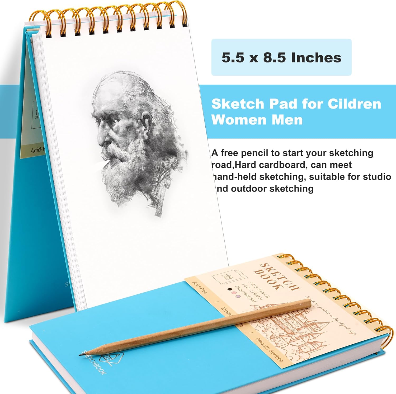 Cuaderno de bocetos para dibujo, encuadernado en espiral, para niños, 5.5 x 8.5 pulgadas, tapa dura, libro de bocetos (68 libras3.53 ozm), cuaderno