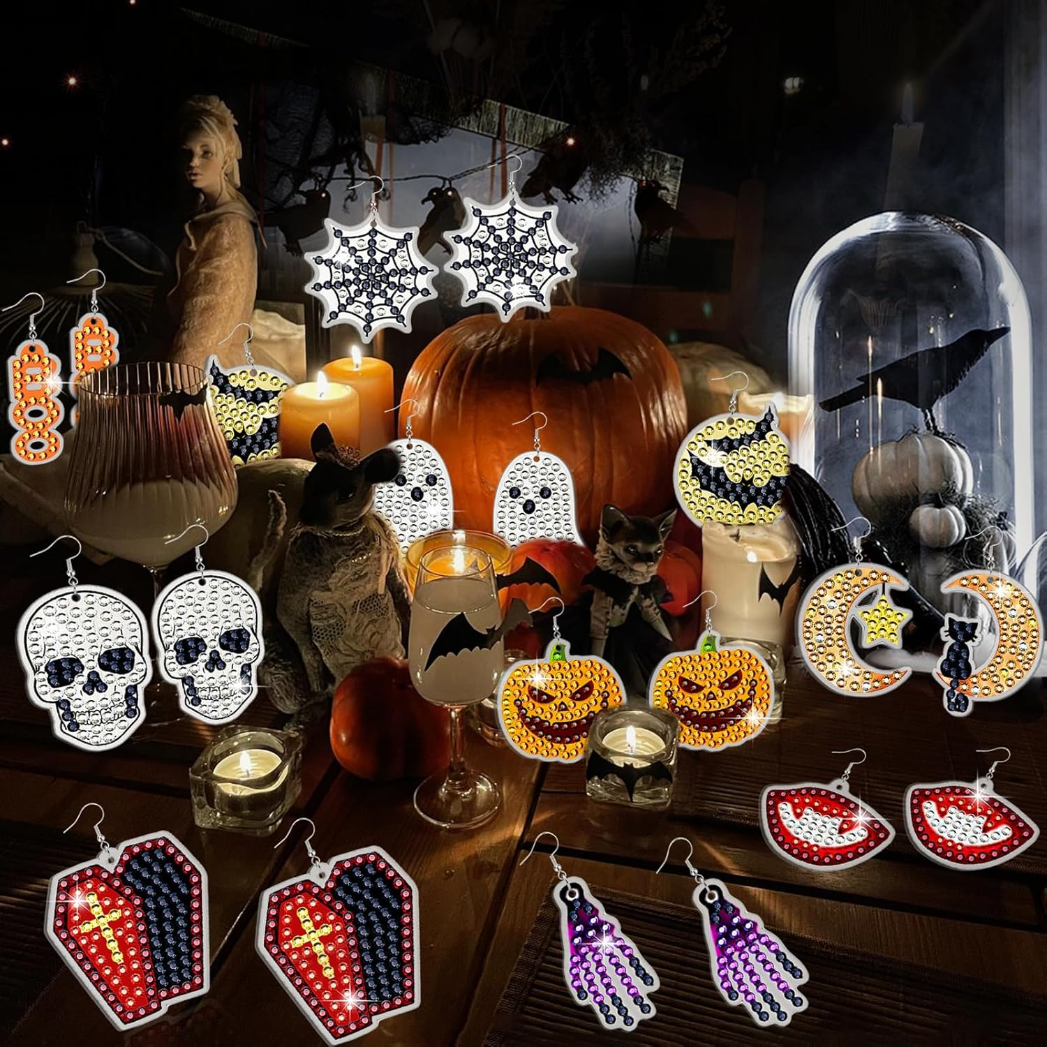 BSRESIN 20 piezas de pintura de diamantes de Halloween, aretes de pintura de diamantes, manualidades de Halloween para adultos, suministros de arte