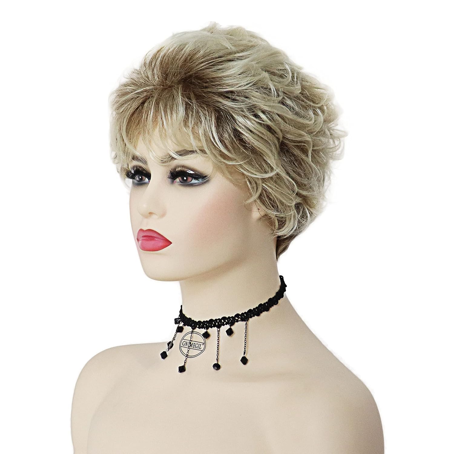 GNIMEGIL Peluca de cabello rubio corto, rizado, peluca natural de mamá con flequillo para mujer, resistente al calor, peluca sintética para cosplay,